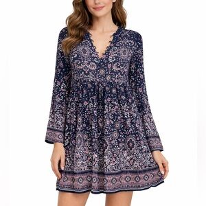 Anthropologie Navy Blue and Pink Floral Long Sleeve Dress